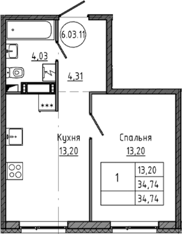 1-комнатная квартира 34.74 м², 9/18 эт., ЖК «Максималист»