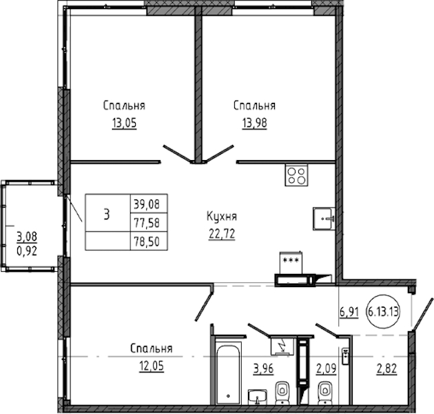 3-комнатная квартира 78.5 м², 13/18 эт., ЖК «Максималист»