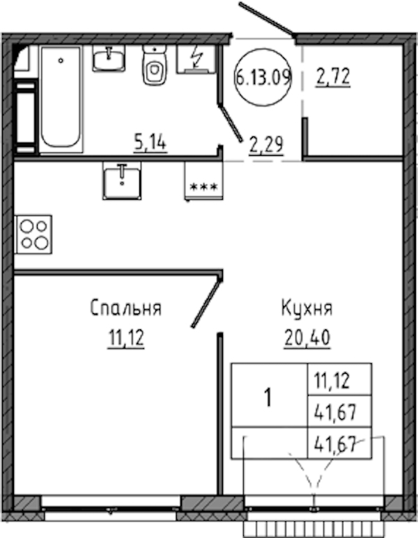 1-комнатная квартира 41.67 м², 13/18 эт., ЖК «Максималист»
