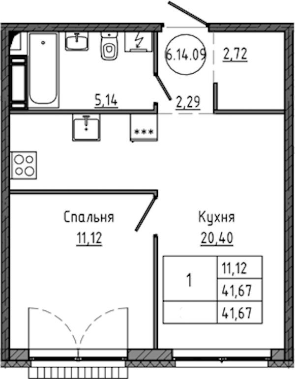 1-комнатная квартира 41.67 м², 14/18 эт., ЖК «Максималист»