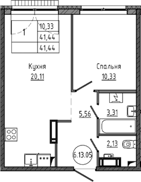 1-комнатная квартира 41.44 м², 15/18 эт., ЖК «Максималист»