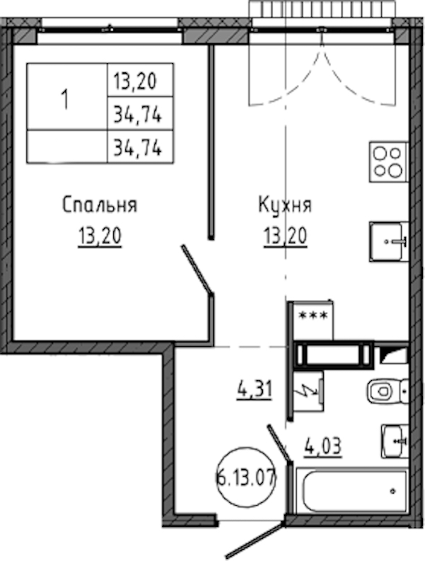 1-комнатная квартира 34.74 м², 15/18 эт., ЖК «Максималист»
