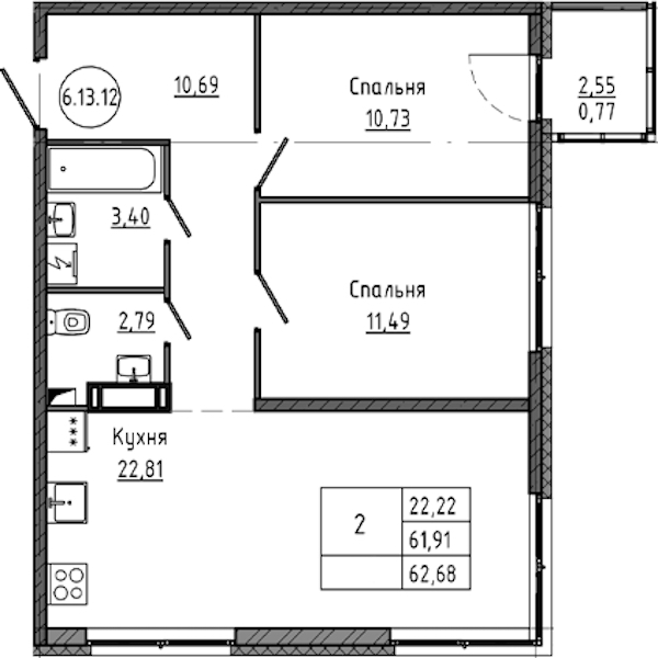 2-комнатная квартира 62.68 м², 15/18 эт., ЖК «Максималист»