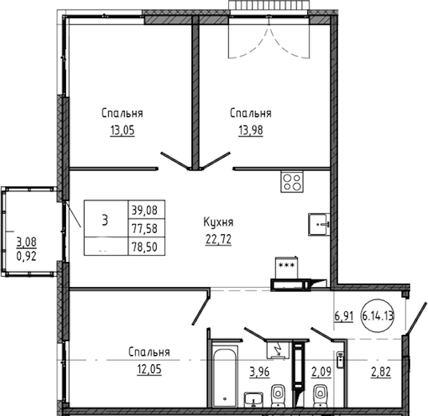 3-комнатная квартира 78.5 м², 16/18 эт., ЖК «Максималист»