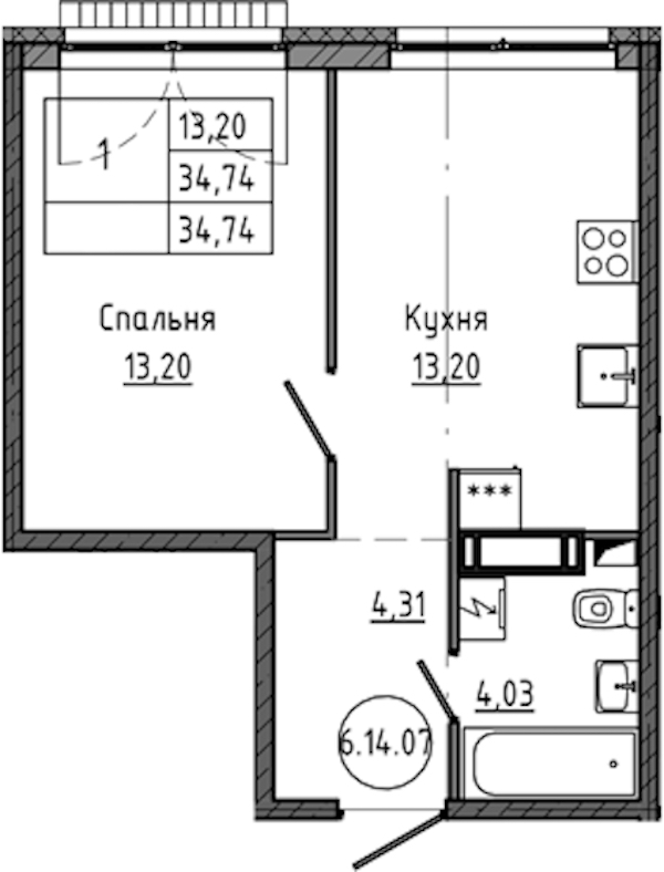 1-комнатная квартира 34.74 м², 16/18 эт., ЖК «Максималист»
