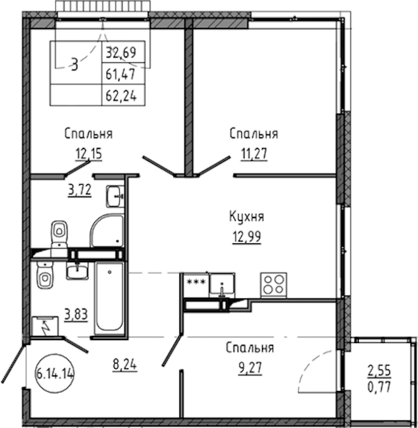 3-комнатная квартира 62.24 м², 16/18 эт., ЖК «Максималист»