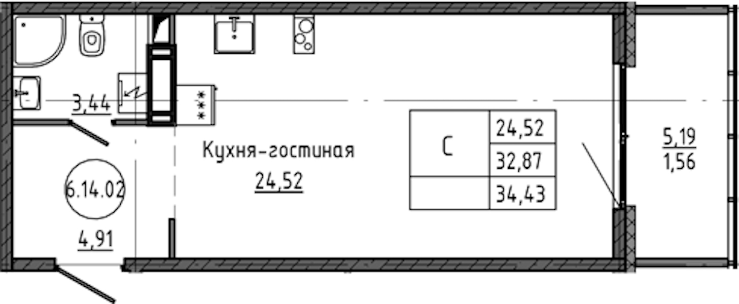 Квартира студия 34.43 м², 16/18 эт., ЖК «Максималист»