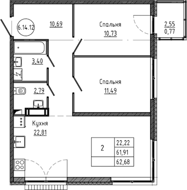 2-комнатная квартира 62.68 м², 16/18 эт., ЖК «Максималист»