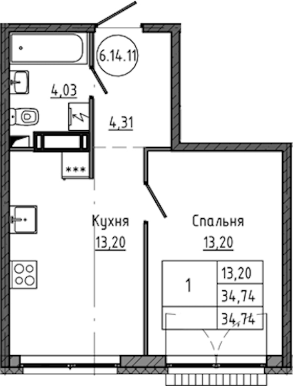 1-комнатная квартира 34.74 м², 16/18 эт., ЖК «Максималист»