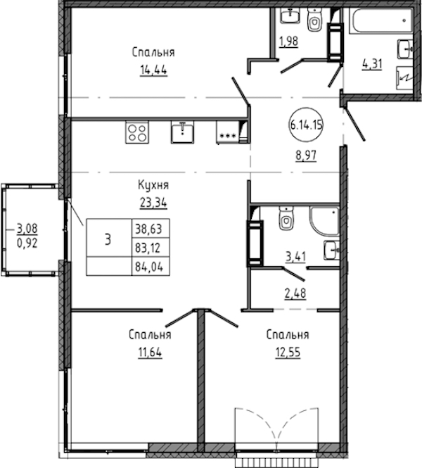3-комнатная квартира 84.04 м², 16/18 эт., ЖК «Максималист»