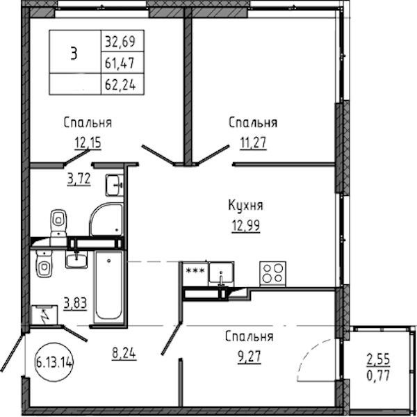 3-комнатная квартира 62.24 м², 17/18 эт., ЖК «Максималист»