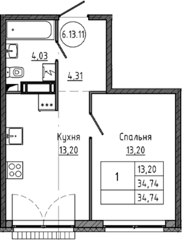 1-комнатная квартира 34.74 м², 17/18 эт., ЖК «Максималист»