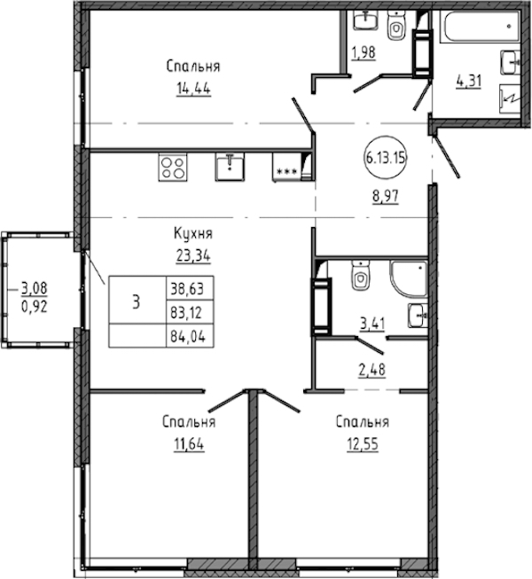 3-комнатная квартира 84.04 м², 17/18 эт., ЖК «Максималист»