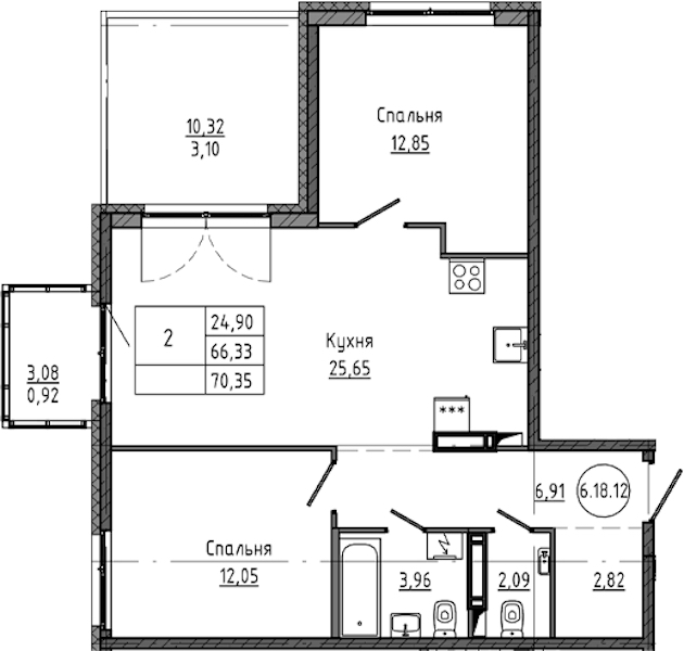 2-комнатная квартира 70.35 м², 18/18 эт., ЖК «Максималист»