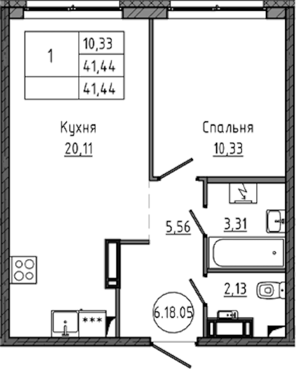 1-комнатная квартира 41.44 м², 18/18 эт., ЖК «Максималист»