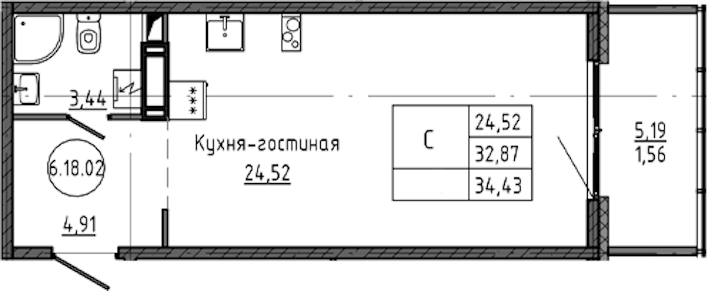 Квартира студия 34.43 м², 18/18 эт., ЖК «Максималист»