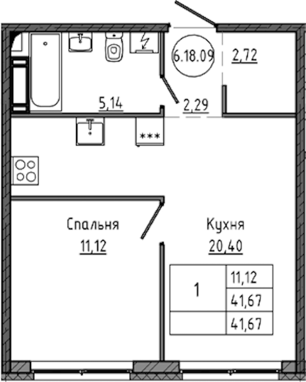 1-комнатная квартира 41.67 м², 18/18 эт., ЖК «Максималист»