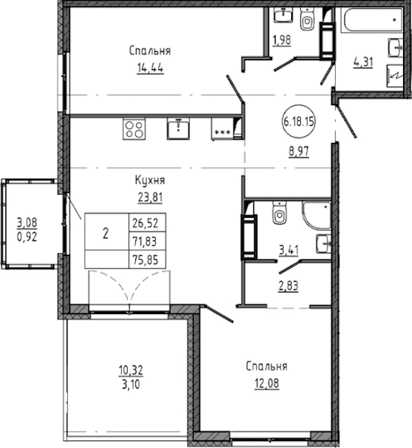 2-комнатная квартира 75.85 м², 18/18 эт., ЖК «Максималист»
