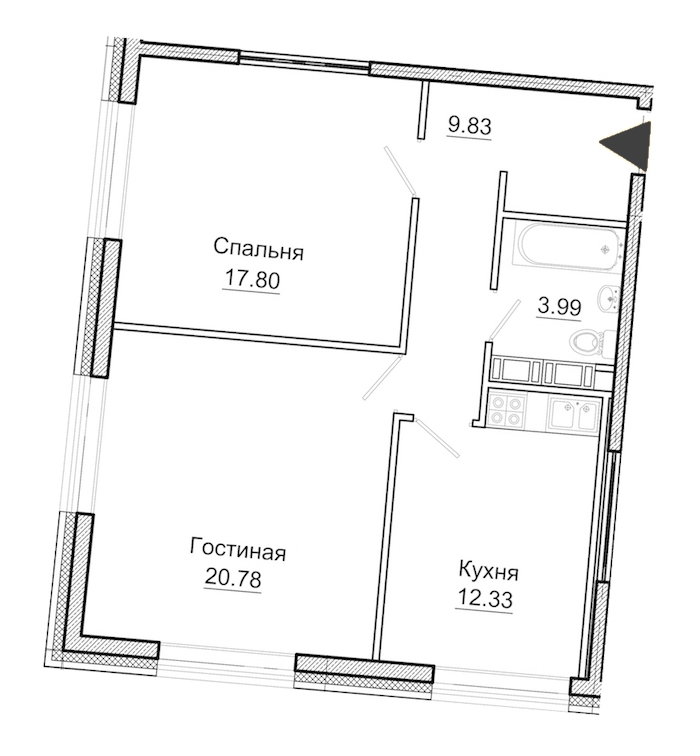 2-комнатная квартира 64.73 м², 11/11 эт., Комплекс апартаментов «Next»