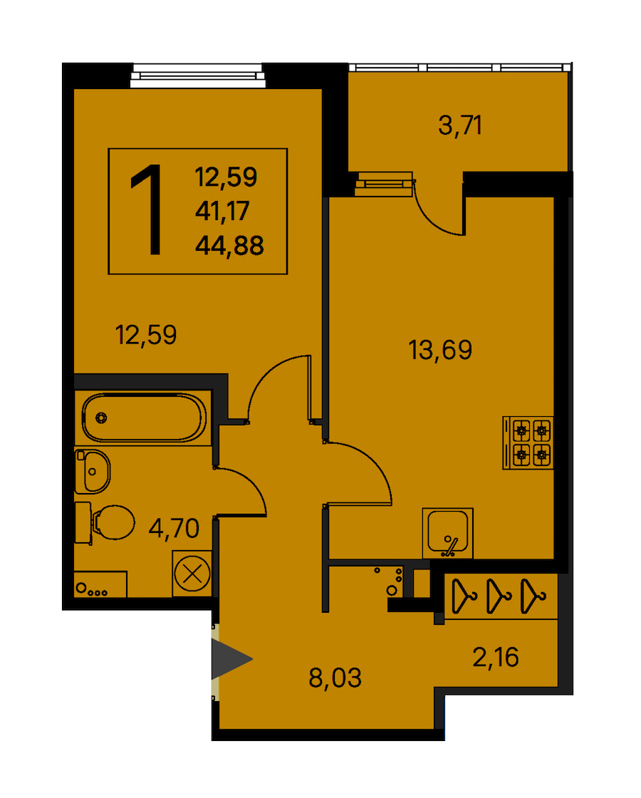 1-комнатная квартира 41.17 м², 1/8 эт., ЖК «Ясно.Янино»