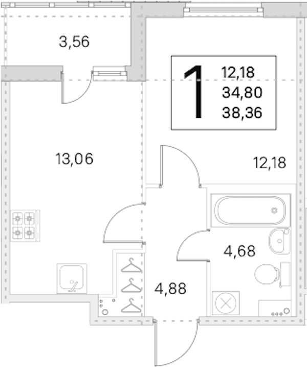 1-комнатная квартира 34.8 м², 1/8 эт., ЖК «Ясно.Янино»