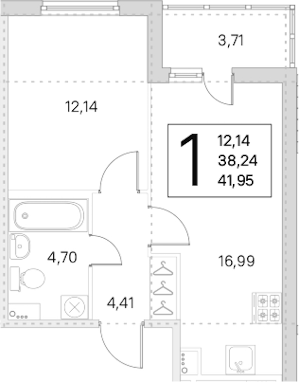 1-комнатная квартира 38.24 м², 1/8 эт., ЖК «Ясно.Янино»