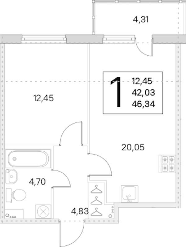 1-комнатная квартира 42.03 м², 1/8 эт., ЖК «Ясно.Янино»