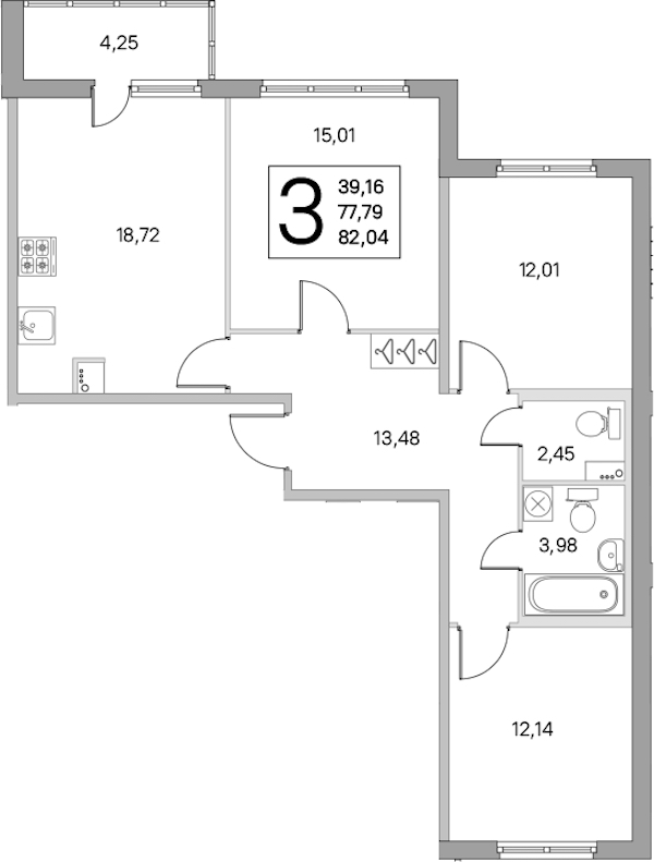 3-комнатная квартира 77.79 м², 1/8 эт., ЖК «Ясно.Янино»