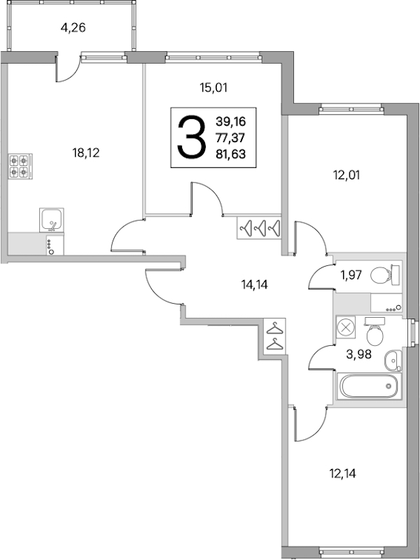 3-комнатная квартира 77.37 м², 3/8 эт., ЖК «Ясно.Янино»