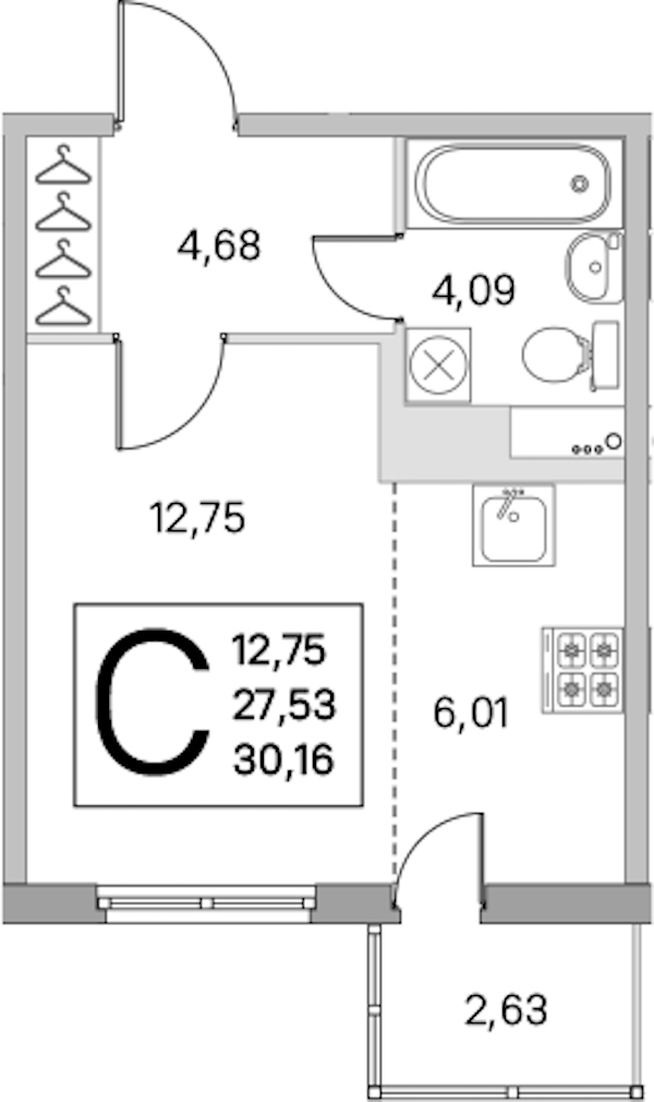 Квартира студия 27.53 м², 3/8 эт., ЖК «Ясно.Янино»