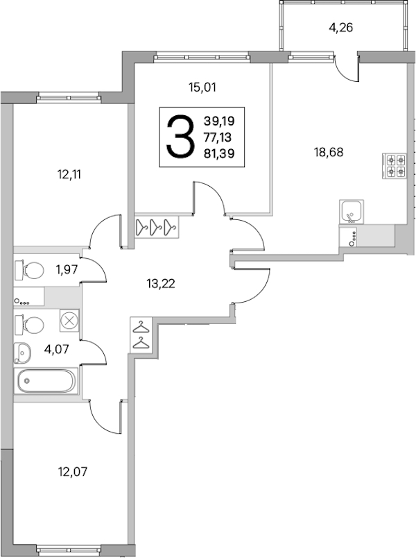 3-комнатная квартира 77.13 м², 5/8 эт., ЖК «Ясно.Янино»