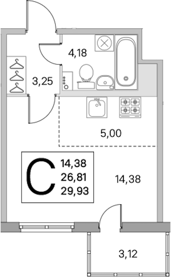 Квартира студия 26.81 м², 7/8 эт., ЖК «Ясно.Янино»