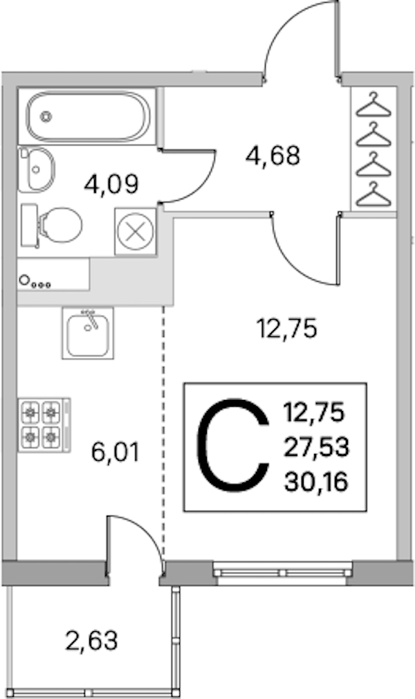 Квартира студия 27.53 м², 7/8 эт., ЖК «Ясно.Янино»