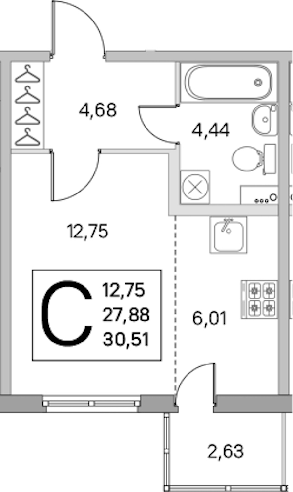 Квартира студия 27.88 м², 1/8 эт., ЖК «Ясно.Янино»