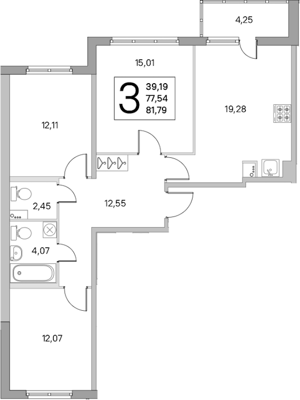 3-комнатная квартира 77.54 м², 1/8 эт., ЖК «Ясно.Янино»
