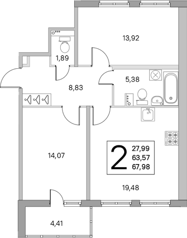 2-комнатная квартира 63.57 м², 1/8 эт., ЖК «Ясно.Янино»