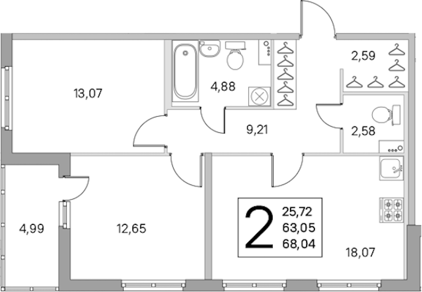 2-комнатная квартира 63.05 м², 1/8 эт., ЖК «Ясно.Янино»