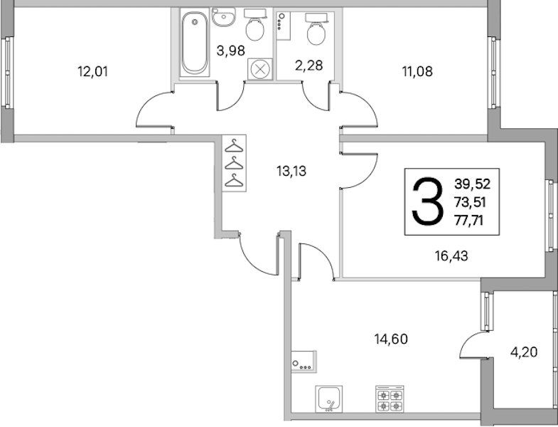 3-комнатная квартира 73.51 м², 1/8 эт., ЖК «Ясно.Янино»