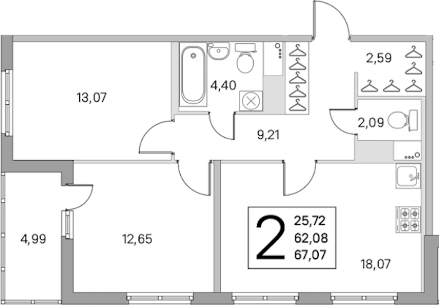 2-комнатная квартира 62.08 м², 4/8 эт., ЖК «Ясно.Янино»