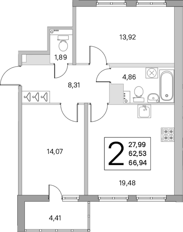 2-комнатная квартира 62.53 м², 5/8 эт., ЖК «Ясно.Янино»