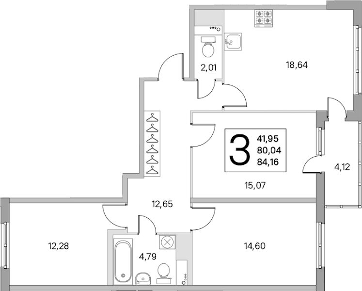 3-комнатная квартира 80.04 м², 2/8 эт., ЖК «Ясно.Янино»
