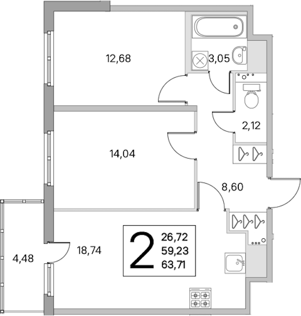 2-комнатная квартира 59.23 м², 3/8 эт., ЖК «Ясно.Янино»