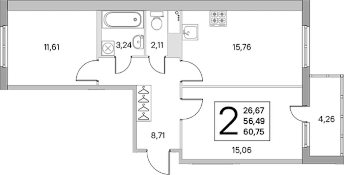 2-комнатная квартира 56.49 м², 2/8 эт., ЖК «Ясно.Янино»