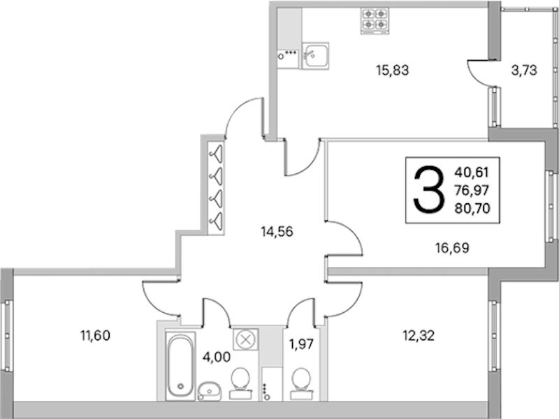 3-комнатная квартира 76.97 м², 4/8 эт., ЖК «Ясно.Янино»