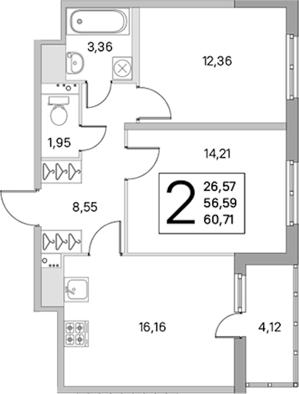2-комнатная квартира 56.59 м², 6/8 эт., ЖК «Ясно.Янино»
