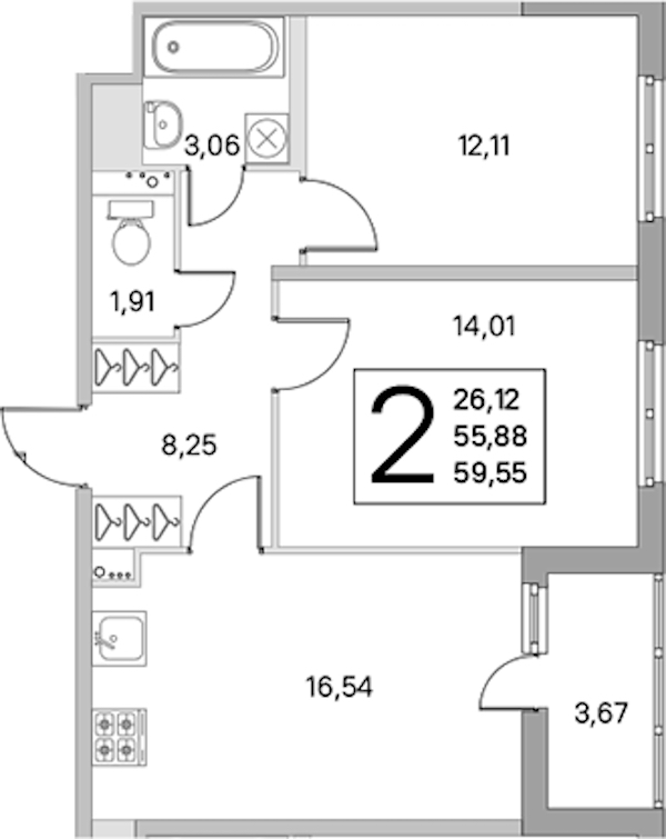 2-комнатная квартира 55.88 м², 7/8 эт., ЖК «Ясно.Янино»