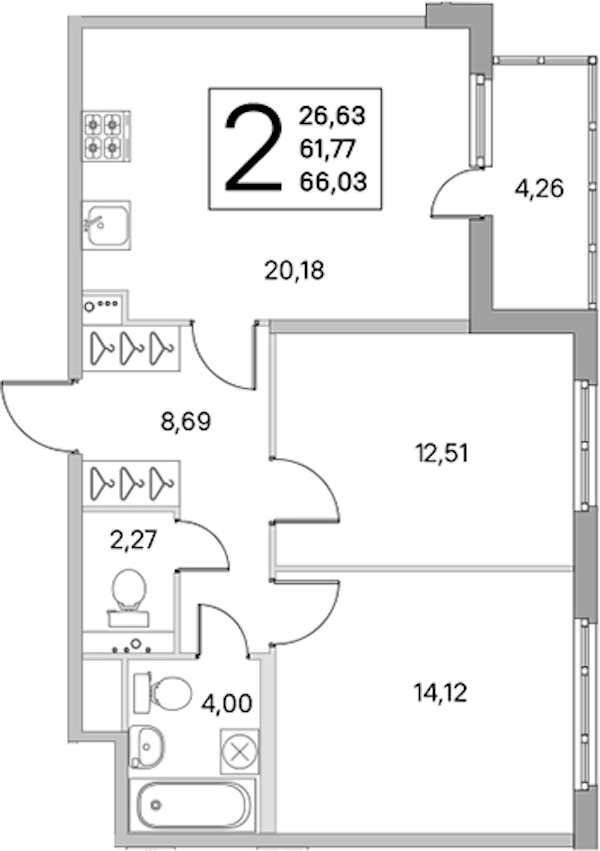 2-комнатная квартира 61.77 м², 1/8 эт., ЖК «Ясно.Янино»