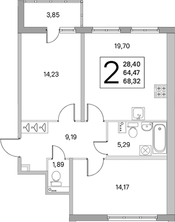 2-комнатная квартира 64.47 м², 1/8 эт., ЖК «Ясно.Янино»