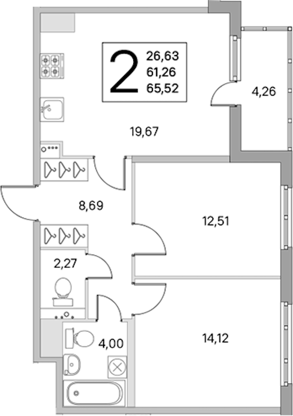 2-комнатная квартира 61.26 м², 2/8 эт., ЖК «Ясно.Янино»