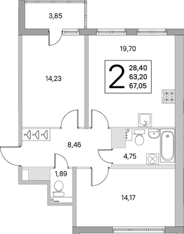 2-комнатная квартира 63.2 м², 2/8 эт., ЖК «Ясно.Янино»